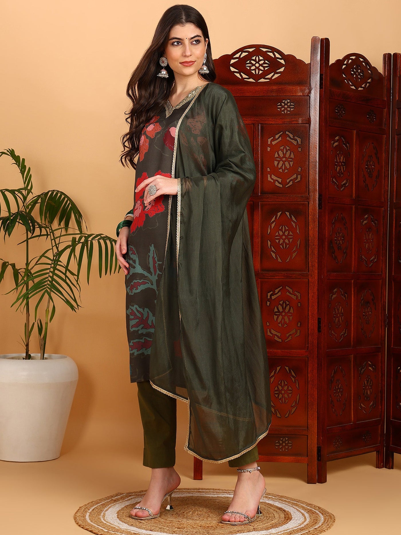 Women's Olive Cotton Blend Printed Straight Kurta Pant Set With Dupatta