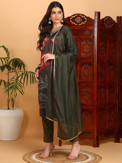 Women's Olive Cotton Blend Printed Straight Kurta Pant Set With Dupatta