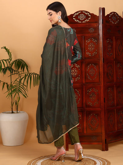 Women's Olive Cotton Blend Printed Straight Kurta Pant Set With Dupatta