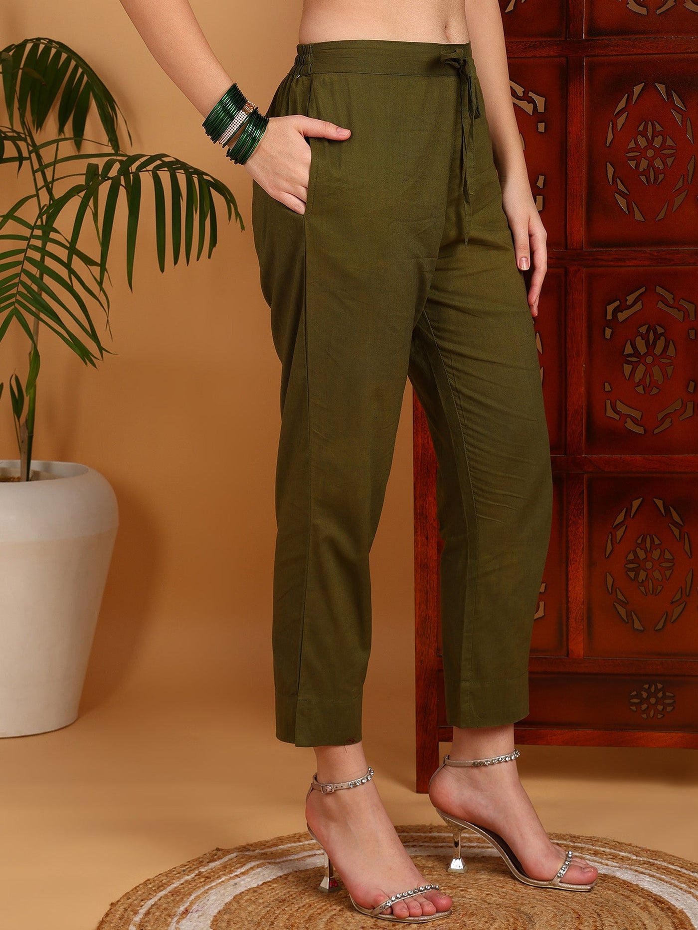 Women's Olive Cotton Blend Printed Straight Kurta Pant Set With Dupatta