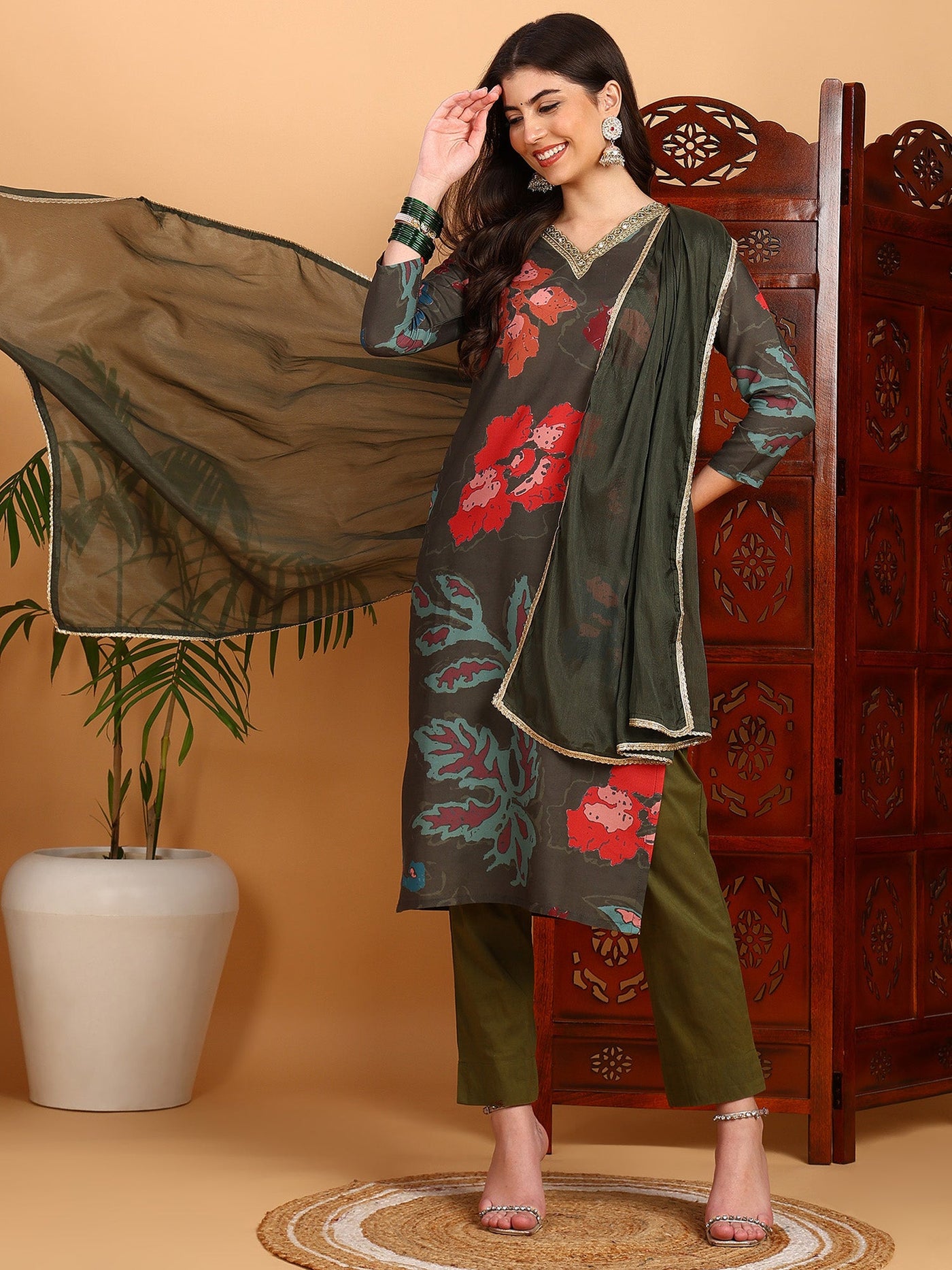 Women's Olive Cotton Blend Printed Straight Kurta Pant Set With Dupatta