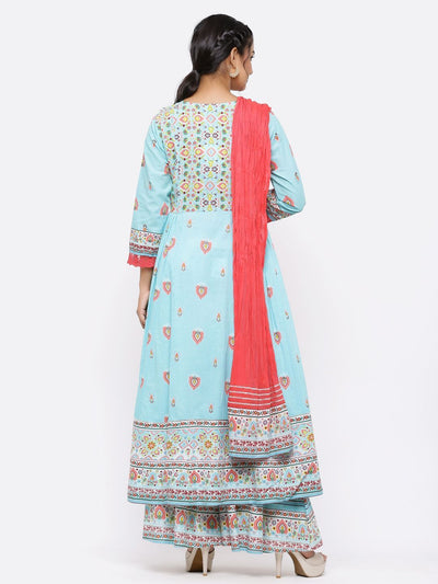 Women's Blue Cambric Printed Anarkali Kurta With Dupatta