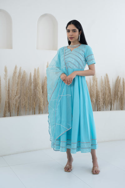 Women’s Blue Anarkali Gown with Dupatta by Myshka-
