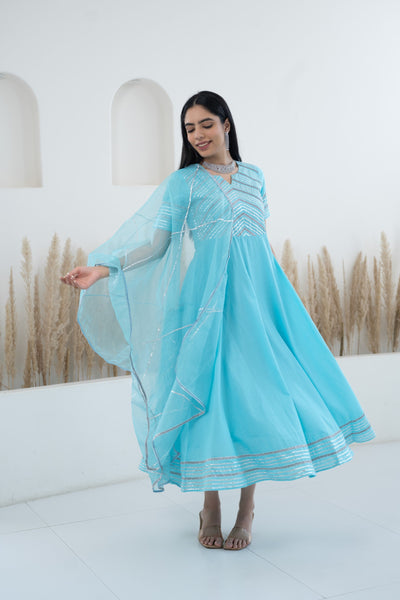 Women’s Blue Anarkali Gown with Dupatta by Myshka-