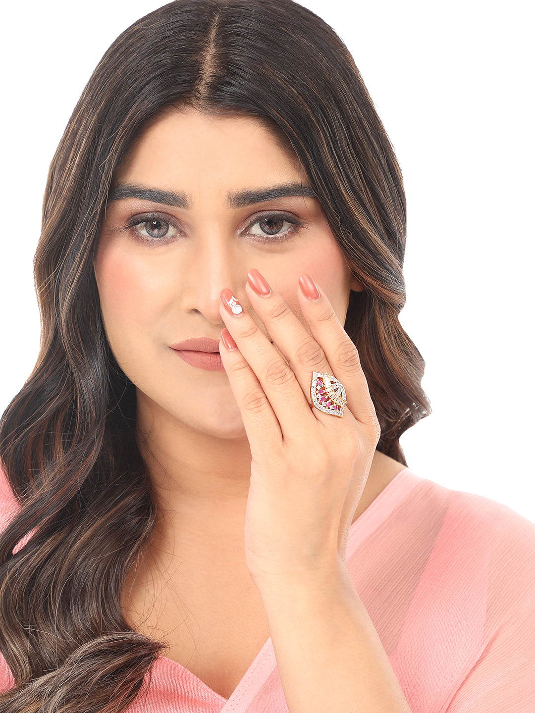 Women's Gold-Plated White Ad-Studded Handcrafted Adjustable Finger Ring