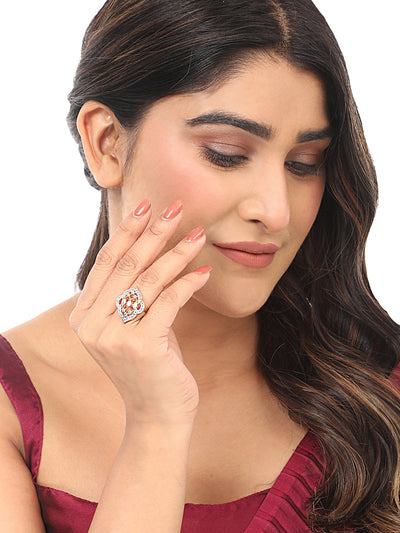 Women's American Diamond Gold Plated Stone Studded Adjustable Cocktail Ring