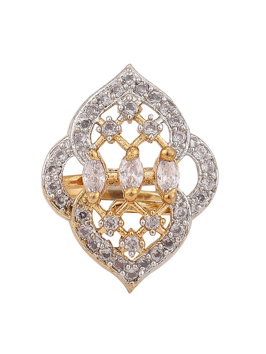 Women's American Diamond Gold Plated Stone Studded Adjustable Cocktail Ring