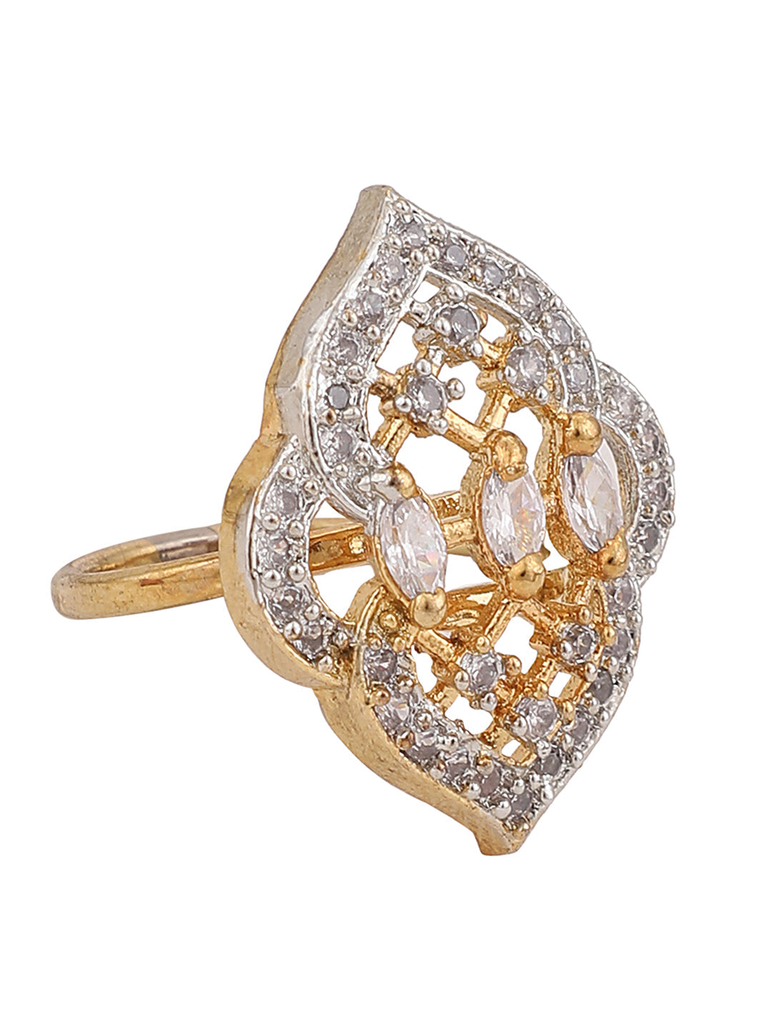 Women's American Diamond Gold Plated Stone Studded Adjustable Cocktail Ring