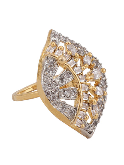 Women's Gold Plated White American Diamond Studded Adjustable Cocktail Ring