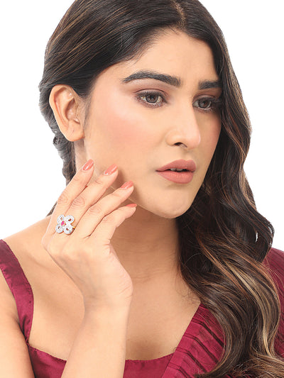 Women's White And Magenta American Diamond Studded Floral Motif Cocktail Ring