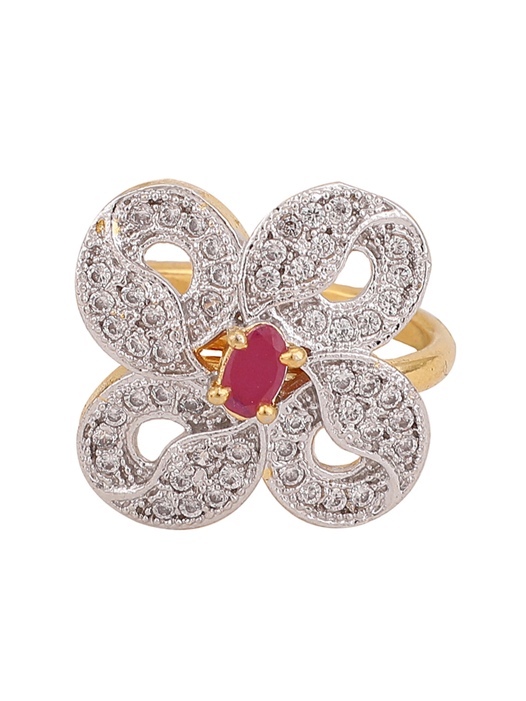 Women's White And Magenta American Diamond Studded Floral Motif Cocktail Ring
