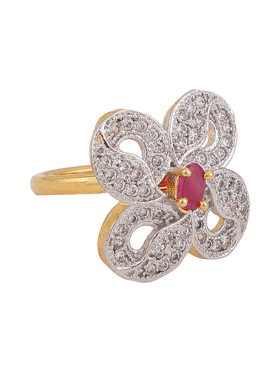 Women's White And Magenta American Diamond Studded Floral Motif Cocktail Ring