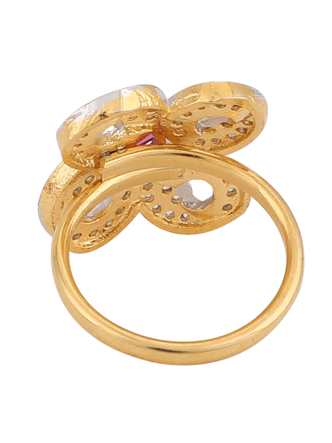 Women's White And Magenta American Diamond Studded Floral Motif Cocktail Ring