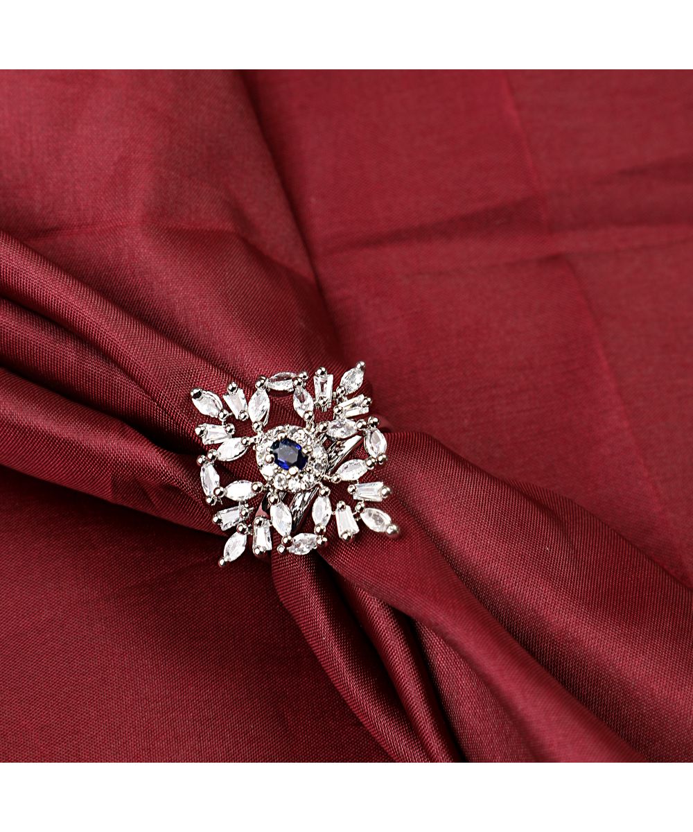 Women's Silver Plated American Diamond Blue Stone Diamond Shaped Statement Ring