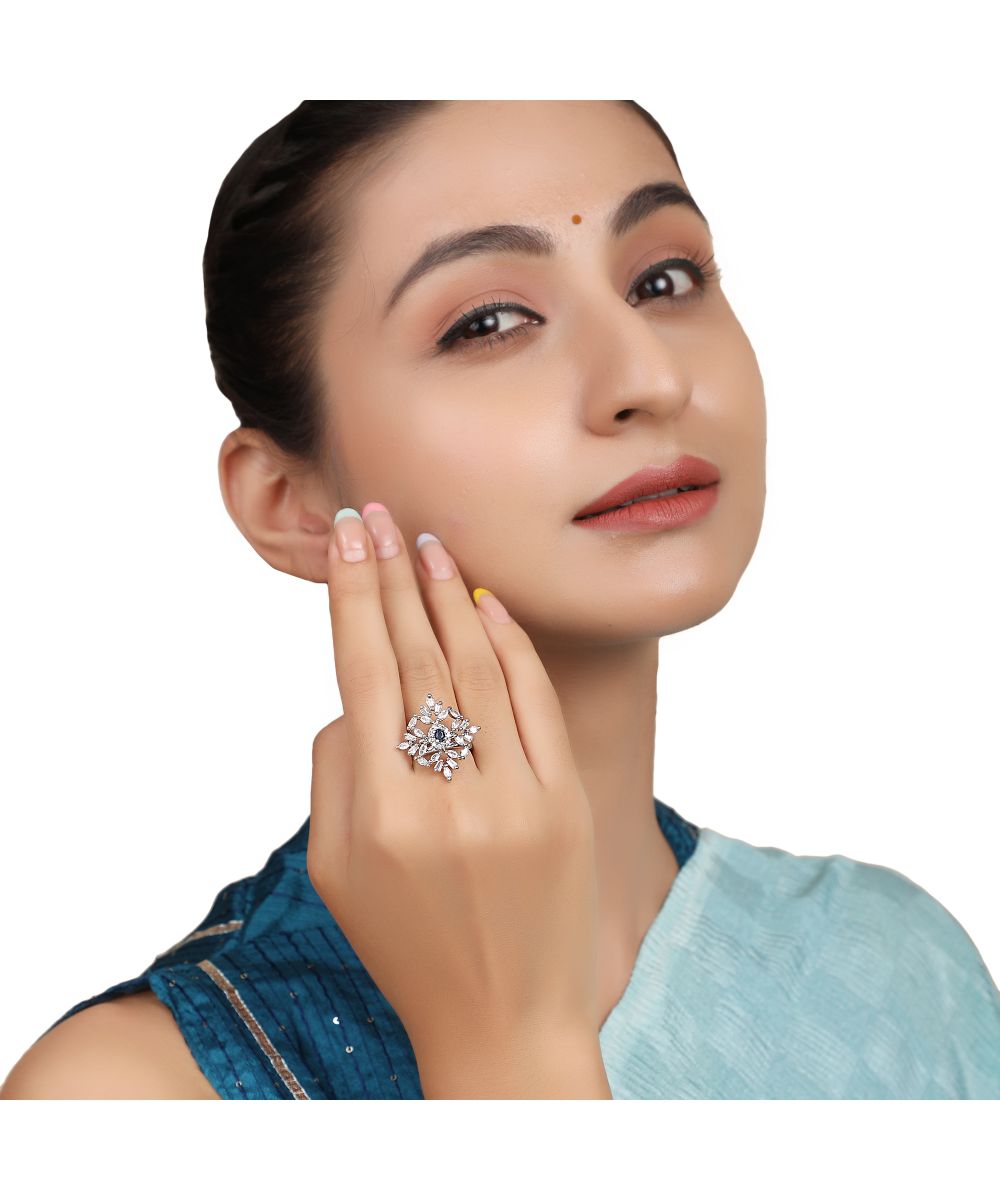 Women's Silver Plated American Diamond Blue Stone Diamond Shaped Statement Ring