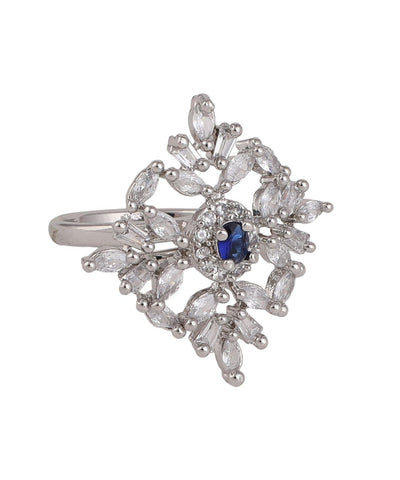 Women's Silver Plated American Diamond Blue Stone Diamond Shaped Statement Ring
