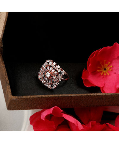 Women's American Diamond Studded Rose Gold Square shaped Statement Cocktail Ring