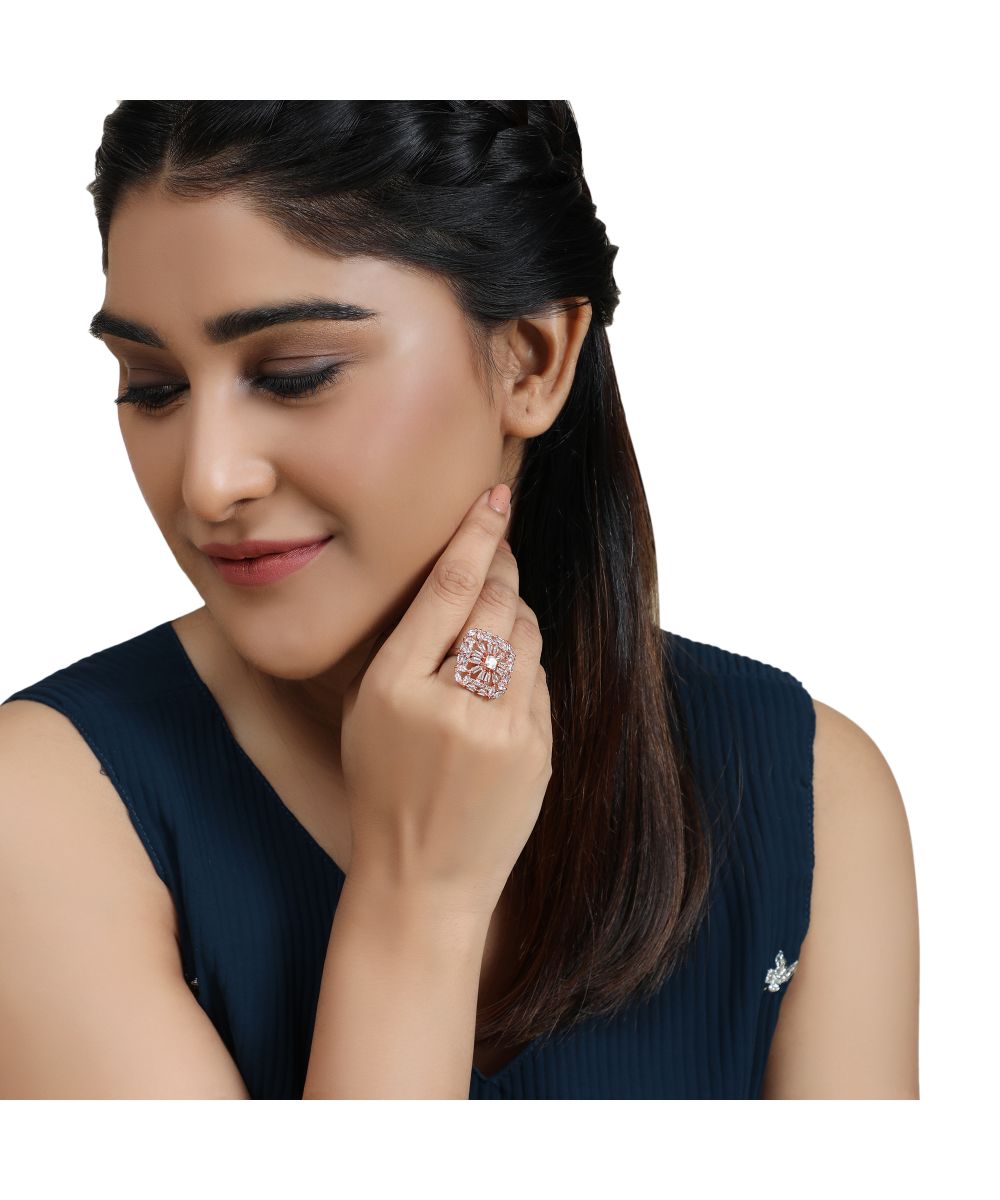 Women's American Diamond Studded Rose Gold Square shaped Statement Cocktail Ring