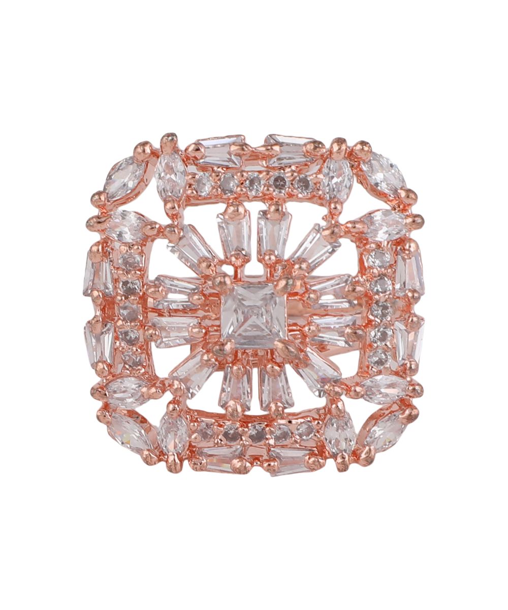 Women's American Diamond Studded Rose Gold Square shaped Statement Cocktail Ring