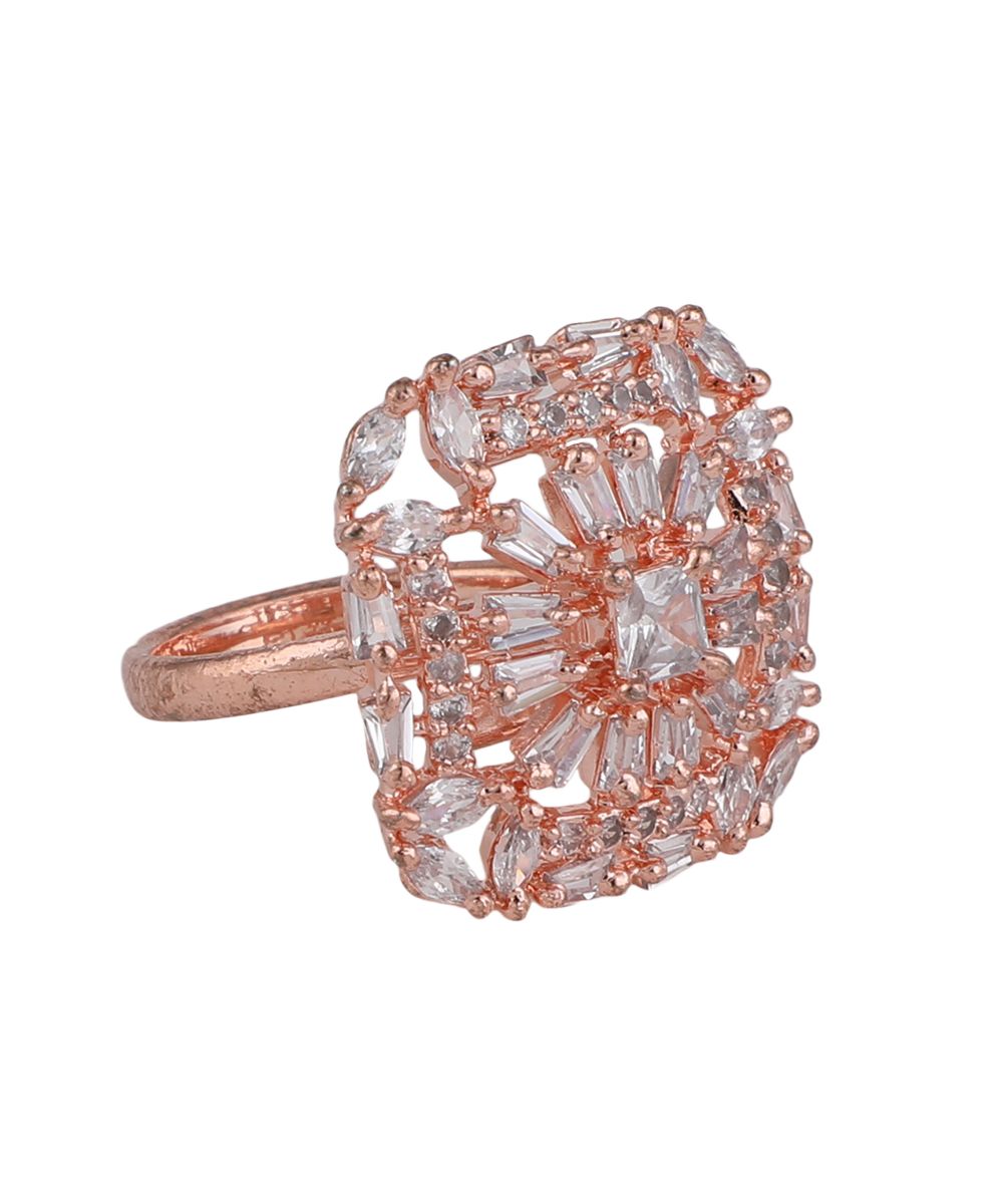 Women's American Diamond Studded Rose Gold Square shaped Statement Cocktail Ring