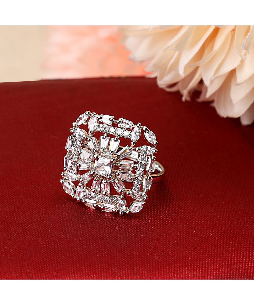 Women's American Diamond Studded Silver plated Square shaped Statement Cocktail Ring