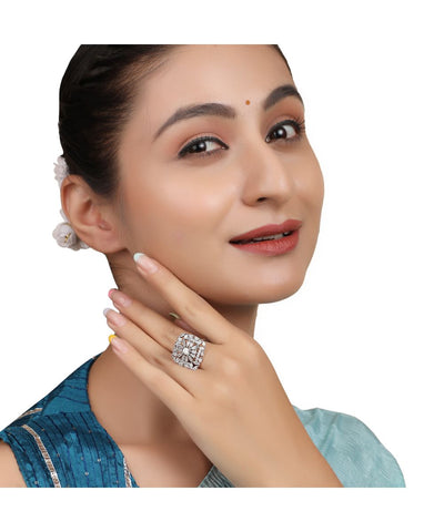 Women's American Diamond Studded Silver plated Square shaped Statement Cocktail Ring