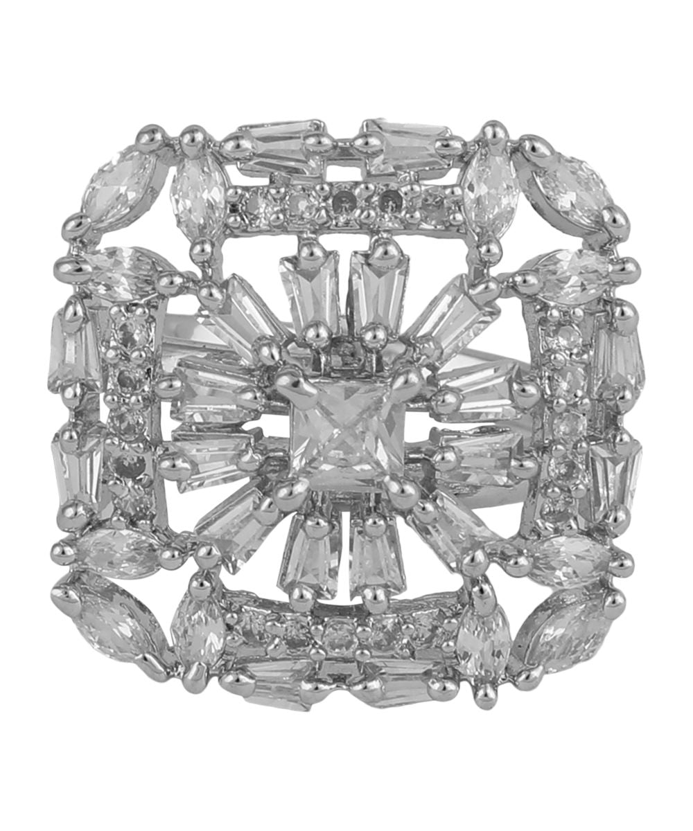 Women's American Diamond Studded Silver plated Square shaped Statement Cocktail Ring