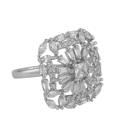 Women's American Diamond Studded Silver plated Square shaped Statement Cocktail Ring
