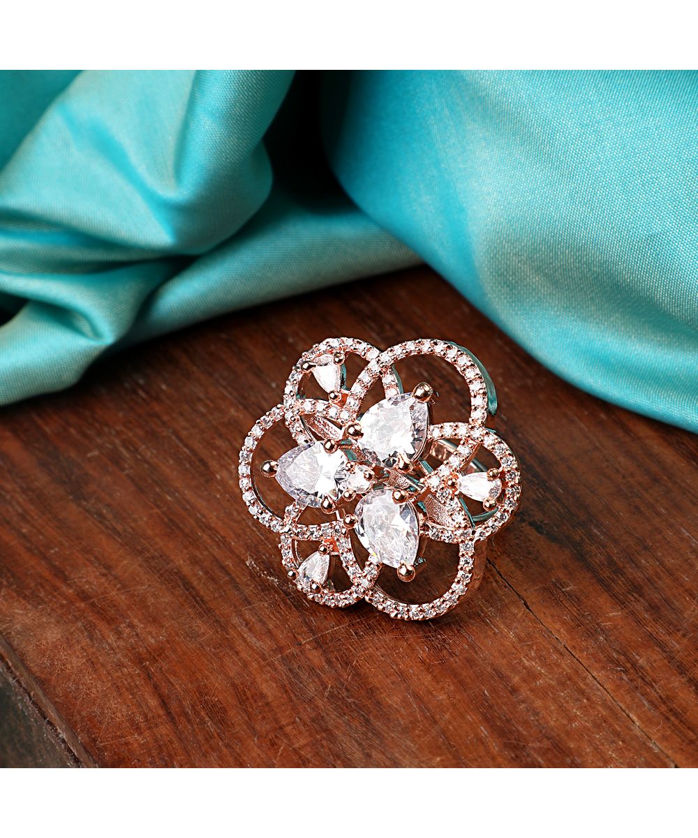 Women's Rose Gold American Diamond Studded Floral Shaped Statement Cocktail Ring