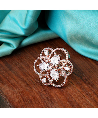 Women's Rose Gold American Diamond Studded Floral Shaped Statement Cocktail Ring