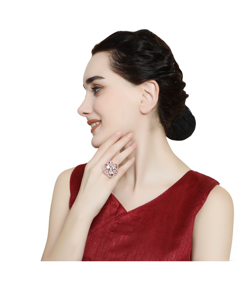 Women's Rose Gold American Diamond Studded Floral Shaped Statement Cocktail Ring