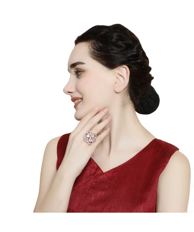 Women's Rose Gold American Diamond Studded Floral Shaped Statement Cocktail Ring