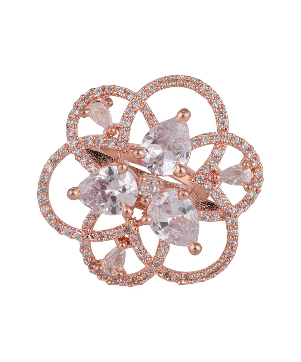 Women's Rose Gold American Diamond Studded Floral Shaped Statement Cocktail Ring