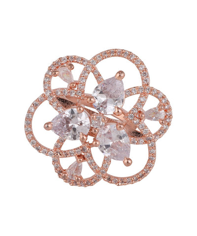 Women's Rose Gold American Diamond Studded Floral Shaped Statement Cocktail Ring