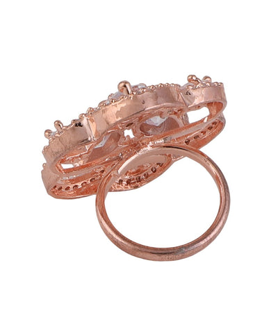 Women's Rose Gold American Diamond Studded Floral Shaped Statement Cocktail Ring