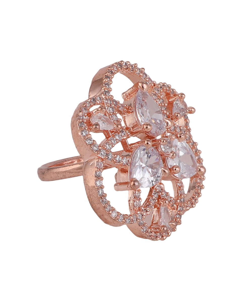 Women's Rose Gold American Diamond Studded Floral Shaped Statement Cocktail Ring