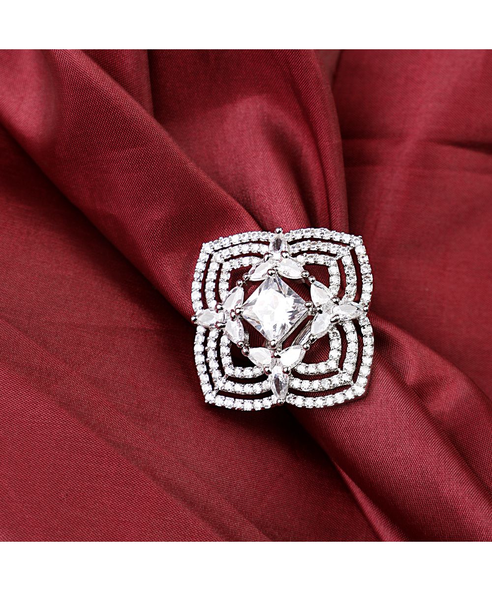 Women's Silver Plated American Diamond Studded Symmentrical Shaped Statement Cocktail Ring