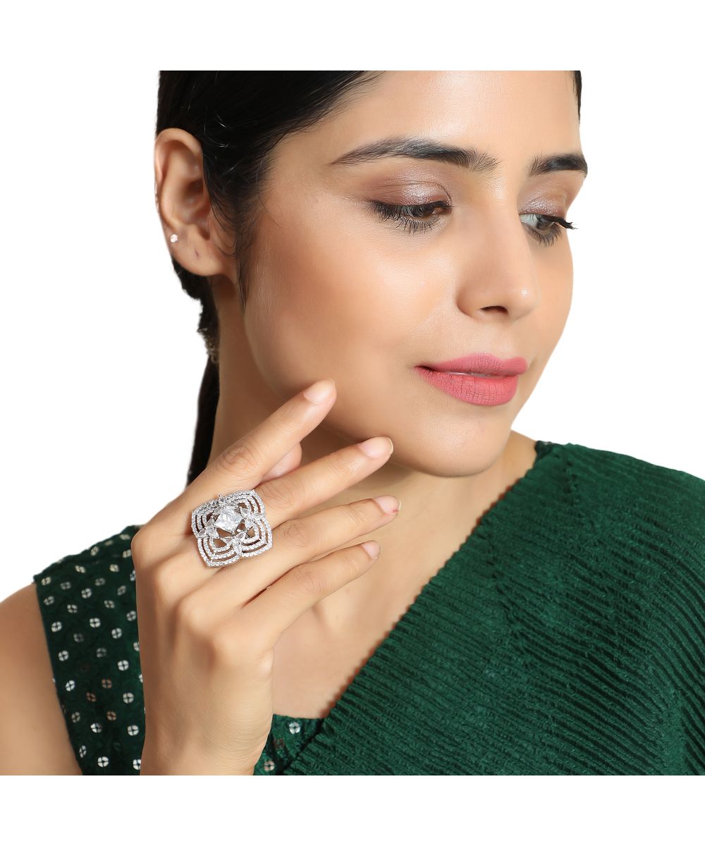 Women's Silver Plated American Diamond Studded Symmentrical Shaped Statement Cocktail Ring