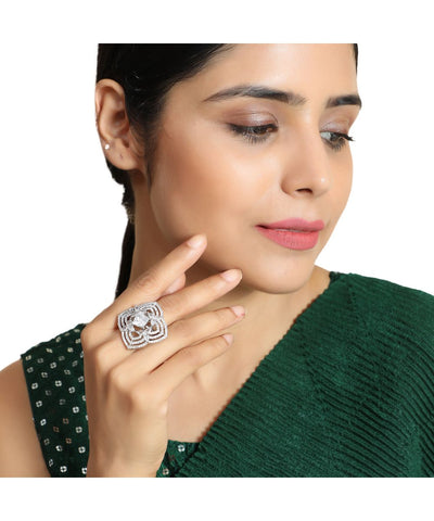 Women's Silver Plated American Diamond Studded Symmentrical Shaped Statement Cocktail Ring