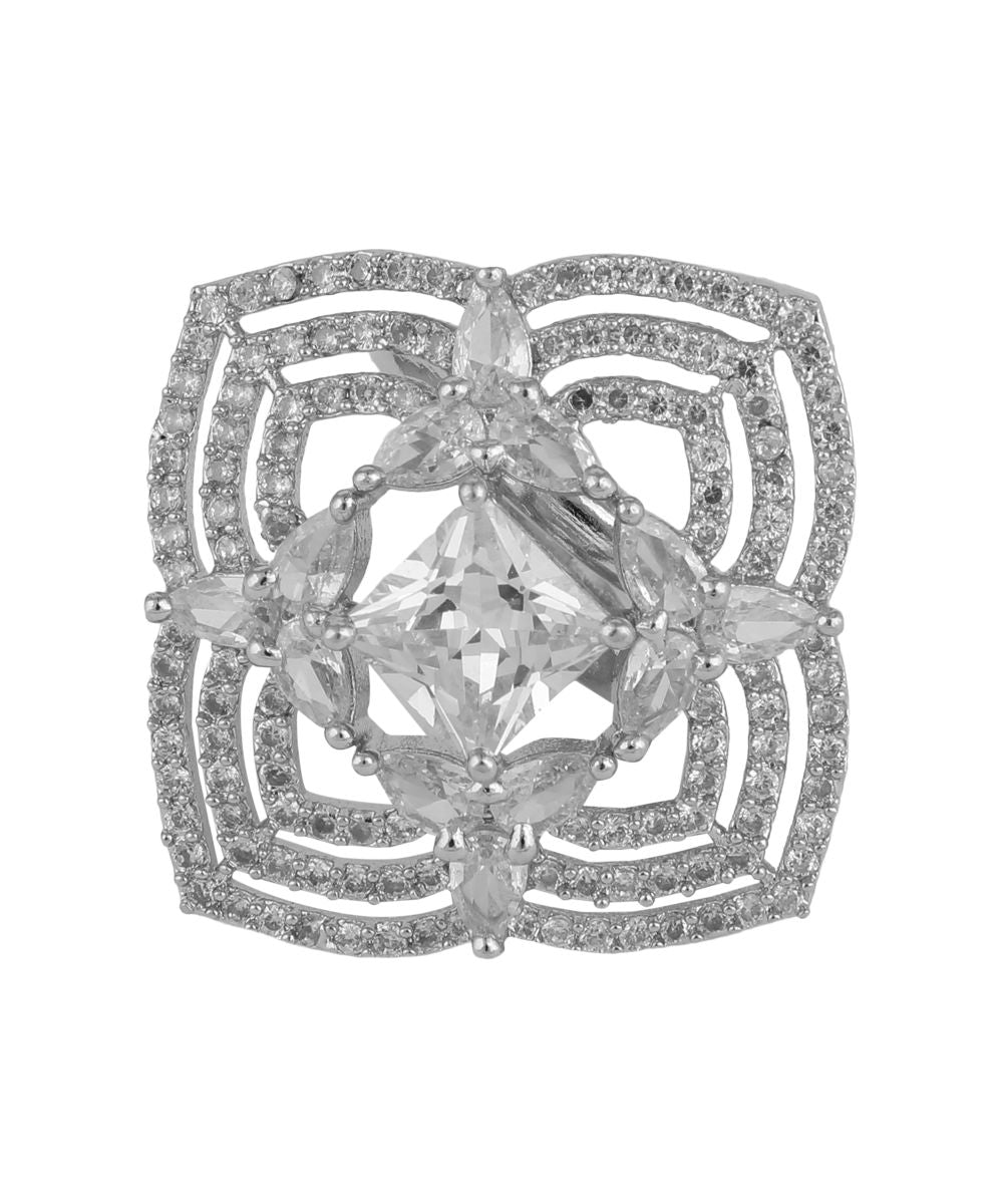 Women's Silver Plated American Diamond Studded Symmentrical Shaped Statement Cocktail Ring