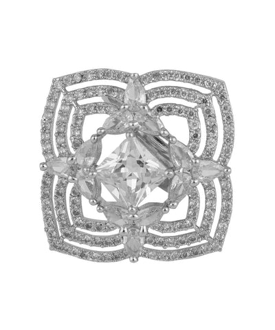 Women's Silver Plated American Diamond Studded Symmentrical Shaped Statement Cocktail Ring