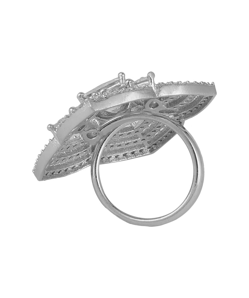 Women's Silver Plated American Diamond Studded Symmentrical Shaped Statement Cocktail Ring