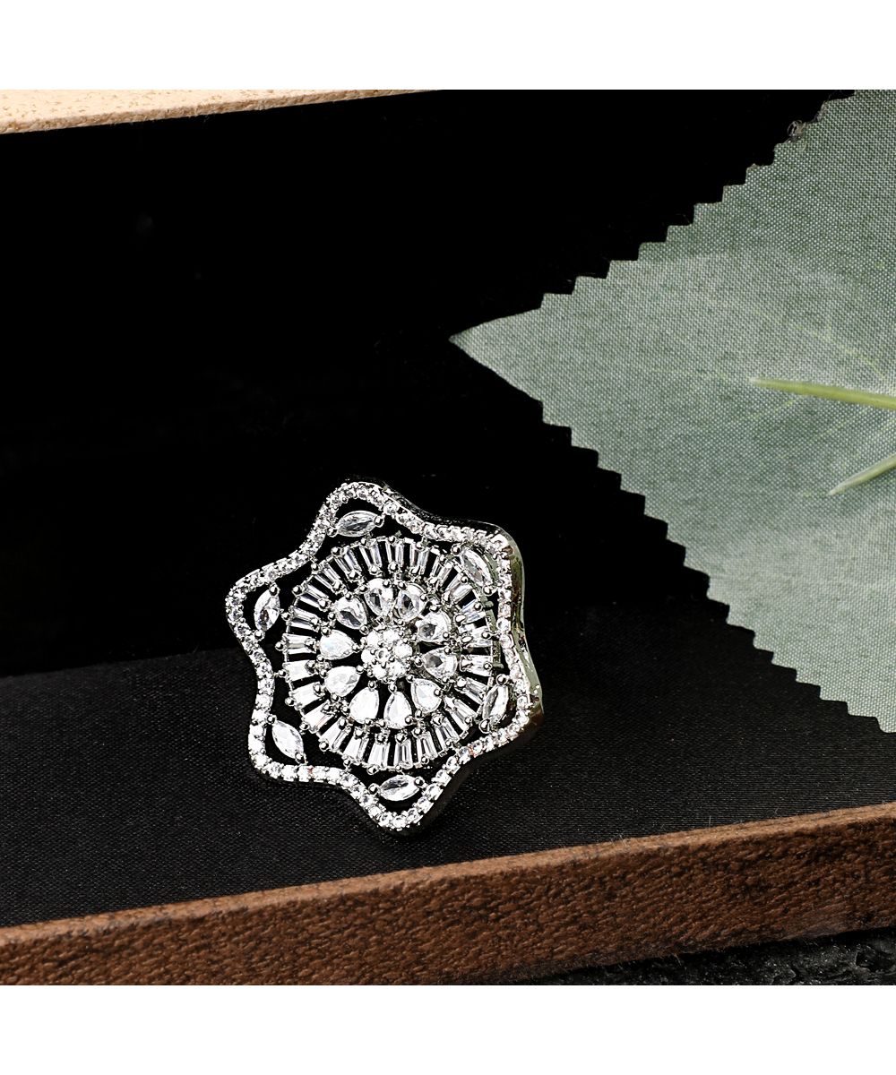 Women's Absract Shaped American Diamond Studded Silver Statement Cocktail Ring