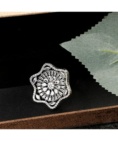 Women's Absract Shaped American Diamond Studded Silver Statement Cocktail Ring