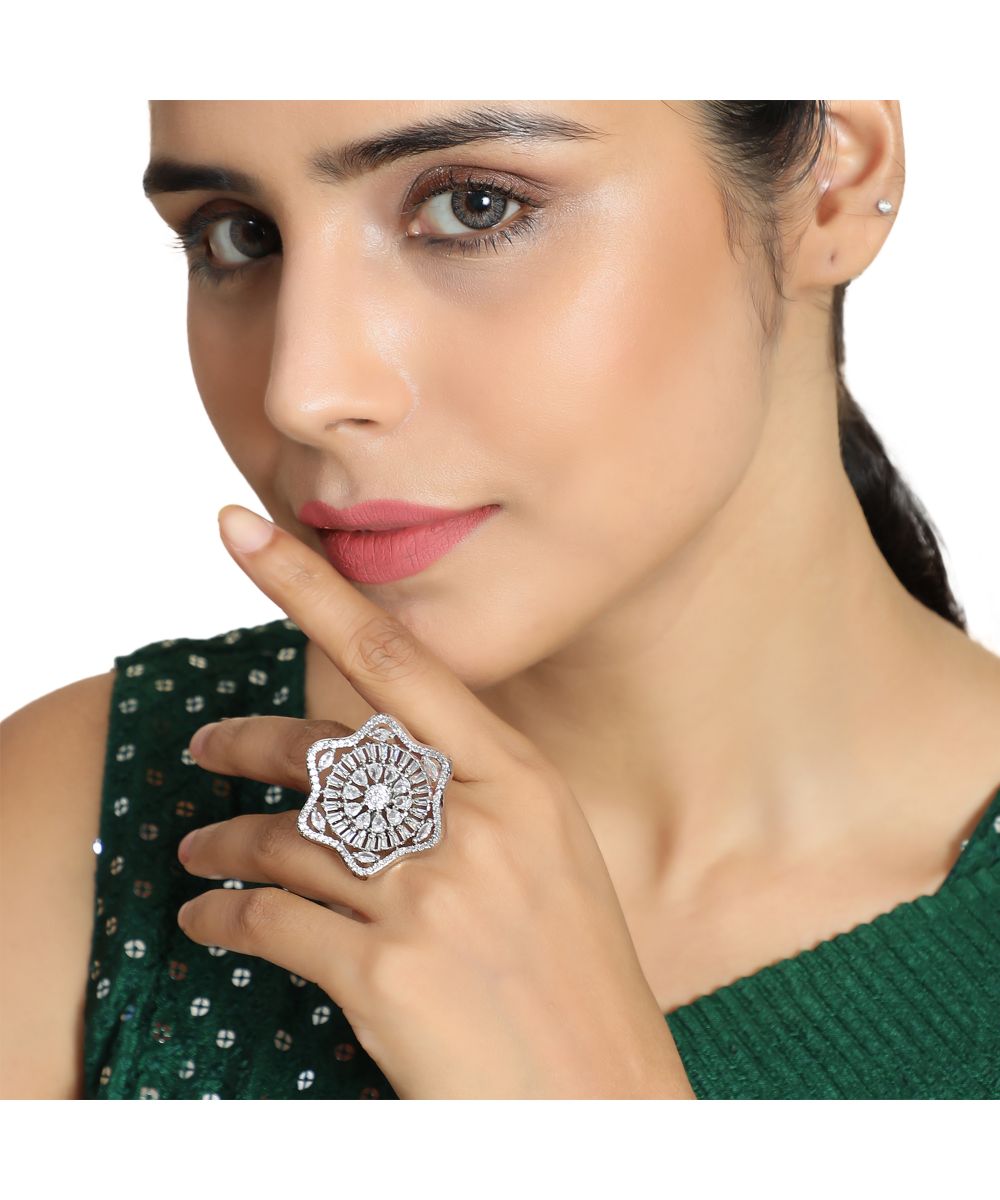 Women's Absract Shaped American Diamond Studded Silver Statement Cocktail Ring