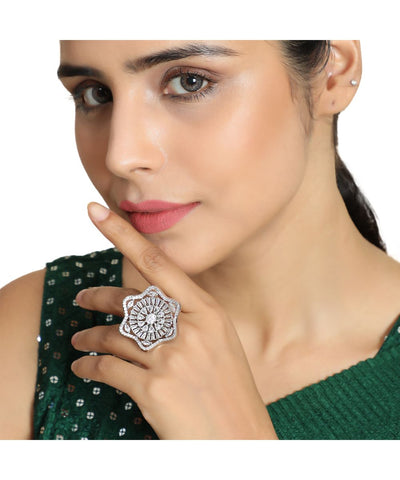 Women's Absract Shaped American Diamond Studded Silver Statement Cocktail Ring