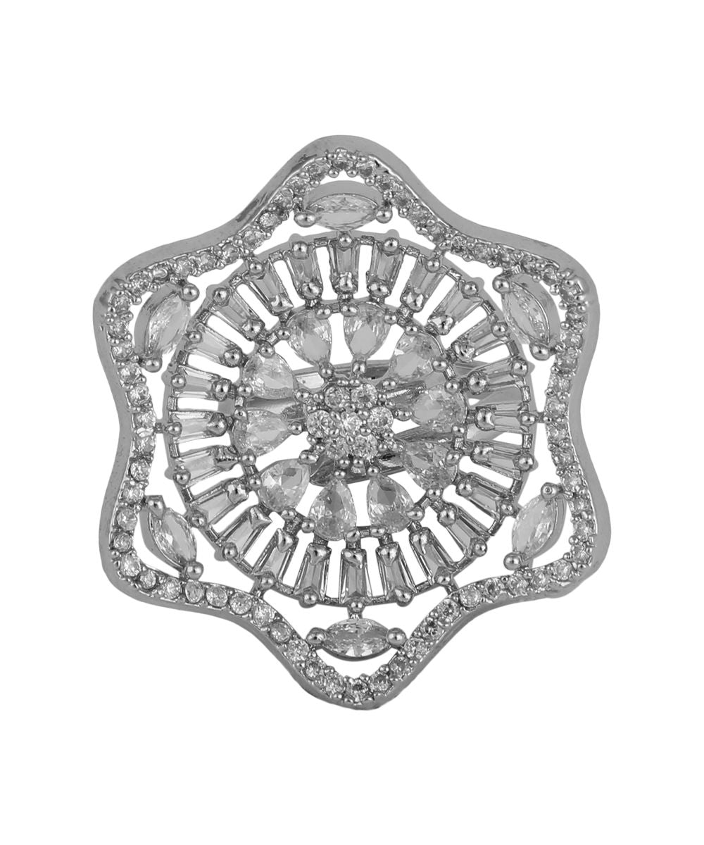 Women's Absract Shaped American Diamond Studded Silver Statement Cocktail Ring