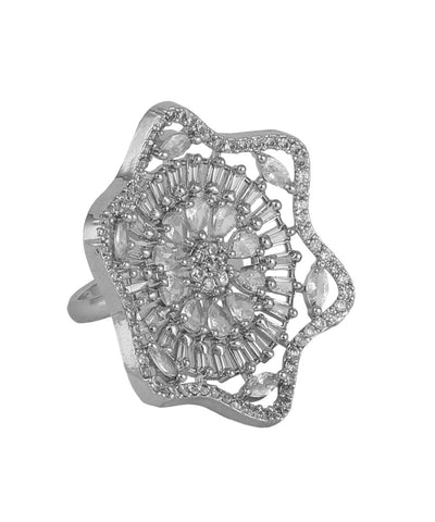 Women's Absract Shaped American Diamond Studded Silver Statement Cocktail Ring