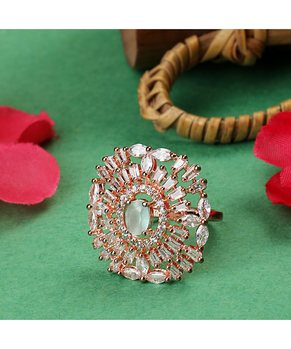 Women's American Diamond Studded Rose Gold with Green colored Stone Statement Cocktail Ring