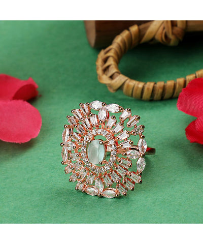 Women's American Diamond Studded Rose Gold with Green colored Stone Statement Cocktail Ring